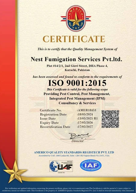 ISO 9001:2015 certificate issued to Nest Fumigation Services (Pvt.) Ltd