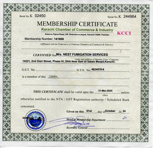 Karachi Chamber of Commerce and Industry membership certificate
