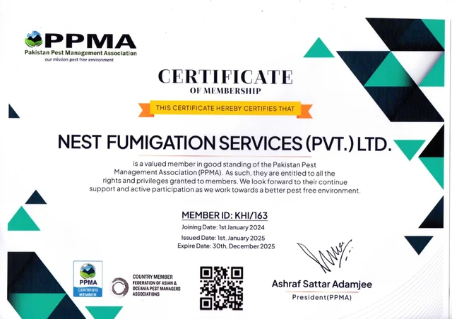 Pakistan Pest Management Association membership certificate